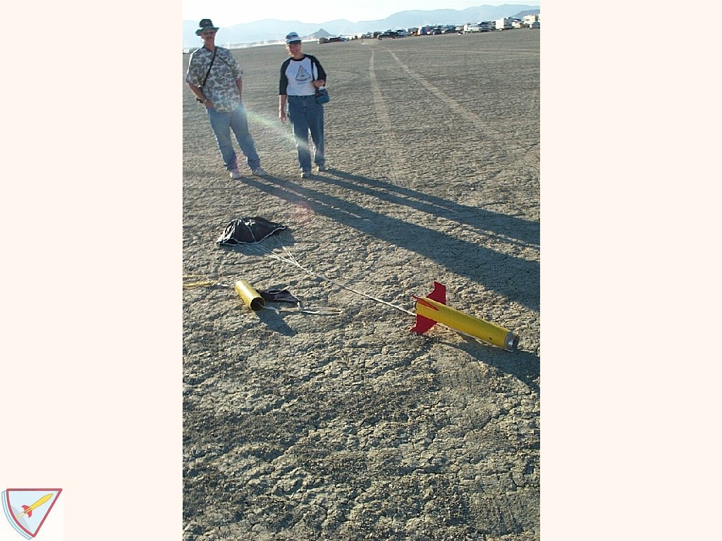 Kevin and Jeanne examine the UberRoc booster landing site.